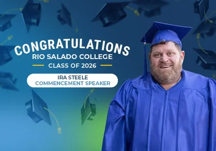 Graphic featuring Rio Salado College graduate Ira Steele in a blue cap and gown with the text, “Congratulations Rio Salado College Class of 2026.” A label identifies him as the 2026 commencement speaker.