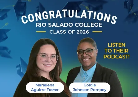 Graphic featuring Rio Salado College Class of 2026 graduates Marielena Aguirre Foster and Goldie Johnson Pompey with the text, “Congratulations Rio Salado College Class of 2026 – Listen to Their Podcast!” against a blue background with graduation caps.