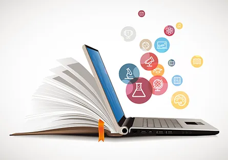 An open book transforms into a laptop computer, surrounded by colorful education and technology icons representing online learning, science, and digital skills.