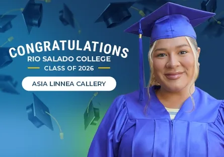 A graduate in a blue cap and gown smiles beside text that reads “Congratulations Rio Salado College Class of 2026” and features the name Asia Linnea Callery.