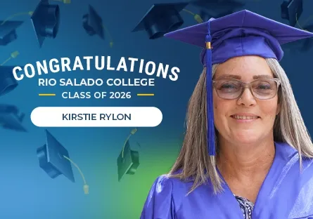Portrait of Kirstie Rylon smiling and wearing a blue graduation cap and gown, with text reading “Congratulations Rio Salado College Class of 2026.”