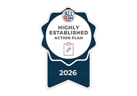 ALL IN Campus Democracy Challenge badge recognizing a 2026 Highly Established Action Plan for nonpartisan democratic engagement and campus action planning.
