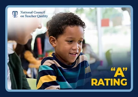 Young student engaged in a classroom activity with an adult nearby, with the National Council on Teacher Quality logo and text reading “A Rating.”