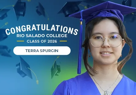 Portrait of Terra Spurgin smiling and wearing a blue graduation cap and gown, with text reading “Congratulations Rio Salado College Class of 2026.”