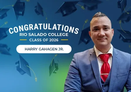 Portrait of Harry Gahagen Jr. smiling in a blue suit and red tie, with text reading “Congratulations Rio Salado College Class of 2026.”