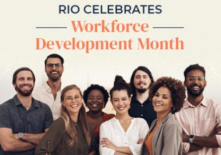 photo of a group of diverse workers with text Rio Celebrates Workforce Development Month