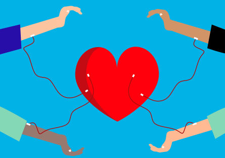 Four arms donating blood whose IVs connect to a heart in the middle of them