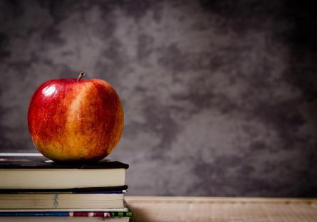 An apple on a stack of books in front of a chalkboard