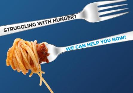 Two dinner forks with embedded text: Struggling with Hunger? We Can Help You Now! Logos for Rio Salado and Full Cart.