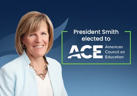 **Alt text:** Portrait of Rio Salado College President Dr. Kate Smith smiling, with text reading “President Smith elected to ACE American Council on Education.”