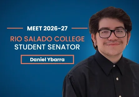 Portrait of Daniel Ybarra smiling and wearing glasses, with text reading “Meet 2026–27 Rio Salado College Student Senator Daniel Ybarra.”
