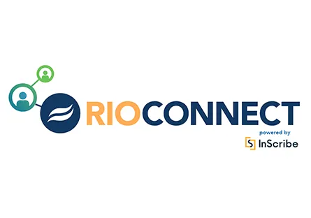 RioConnect logo featuring connected user icons and a blue wave symbol beside the words “RioConnect,” with “Powered by InScribe” below.