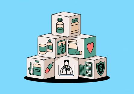 A pyramid stack of blocks with images of healthcare and hearts and dollar signs printed on their sides