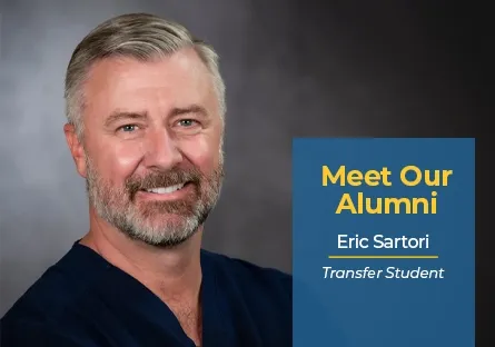 Rio Salado College alumni spotlight graphic featuring Eric Sartori, a smiling man with short gray hair and a beard wearing a navy blue shirt. A blue panel with gold and white text reads, "Meet Our Alumni, Eric Sartori, Transfer Student."