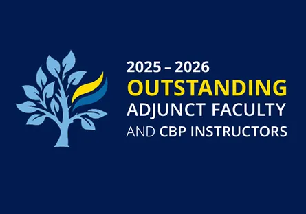 Dark navy blue graphic featuring a stylized tree with light blue leaves and a yellow accent. White and yellow text reads, "2025–2026 Outstanding Adjunct Faculty and CBP Instructors."