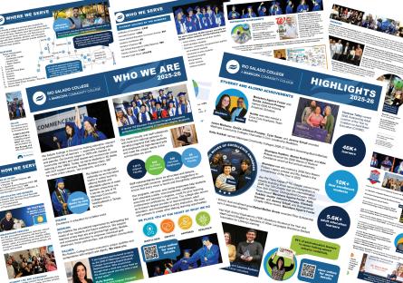 A multi-page collection of printed marketing collaterals and informational flyers showcasing the Rio Salado College 2025–2026 Fact Sheet and Highlights publication laid out overlapping on a dark background.