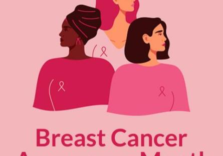 Illustration of three diverse women in pink. Text: Breast Cancer Awareness Month