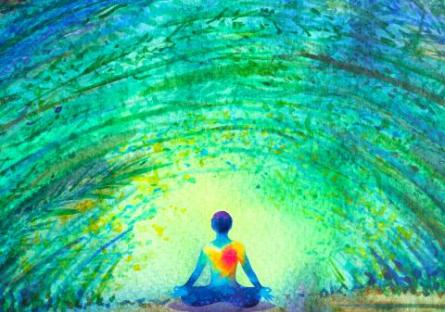 watercolor painting of chakra colors with human in yoga lotus pose under a green tree forest tunnel