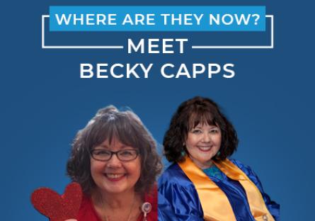 two photos of Rio Salado College alumna Becky Capps, one in a graduation cap and gown