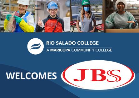 Collage of JBS employees at work smiling at camera. Text: Rio Salado College Welcomes JBS Families