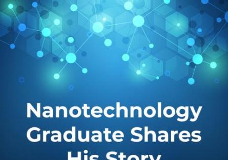 Abstract background with molecule DNA and neural network. Science and technology  Text: Nanotechnology Graduate Shares His Story