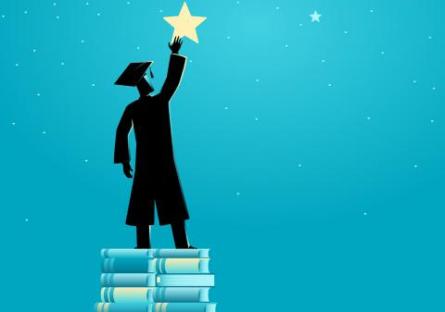  illustration of a man in graduation cap and gown reaching out for the stars by using books as the platform