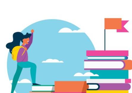 Illustration of a college student climbing a mountain made of books.