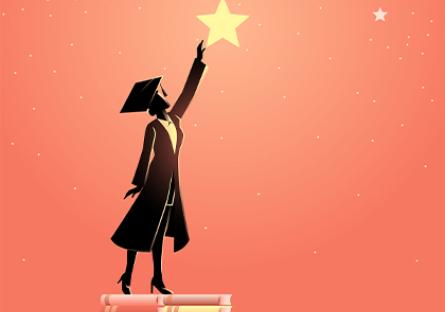 Concept illustration of a woman in graduation toga reach out for the stars by using books as the platform. Education concept.