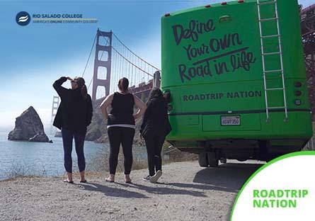 photo of 3 Rio Salado College students standing next to a RV looking at the Golden Gate Bridge. Text: Roadtrip Nation