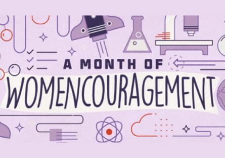 text 'A month of Womencouragement' over illustrations of various science and tech icons