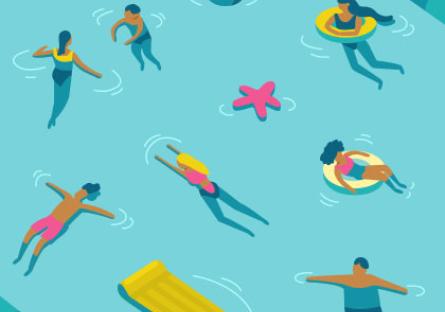 Spring Break illustration of people swimming in a large public pool