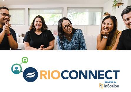 group of students laughing and talking in a circle with RioConnect logo