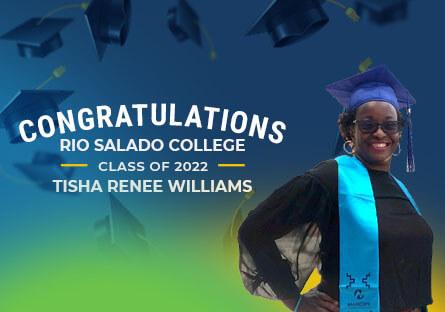 photo of Tisha Renee Williams with a blue green gradient background and the text: Congratulations Rio Salado College Class of 20
