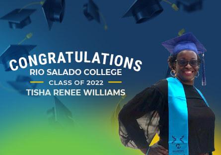 photo of Tisha Renee Williams with a blue green gradient background and the text: Congratulations Rio Salado College Class of 20