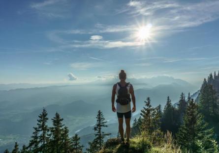 A hiker standing on a rock looking over a forest landscape