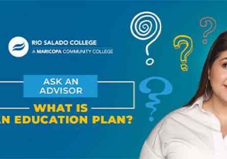 photo of a women thinking with question marks surrounding her head. Text: Ask an Advisor What is an Education Plan?