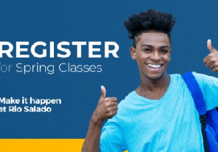 student holding two thumbs up. text: Register for spring classes