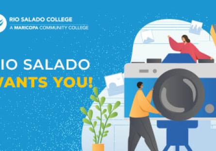 Graphic of a person holding a giant camera. Text: Rio Salado Wants You!