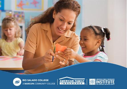 image of a woman teaching a preschooler with the Rio Salado College and American Family Insurance logos