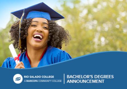 graduate smiling and holding her diploma. Text: Bachelor's Degree Announcements. Rio logo.