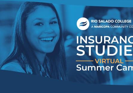 photo of a smiling female with blue overlay and Rio logo. text: Insurance Studies Summer Camp