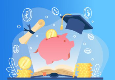 colorful graphic of a piggy bank, grad cap, diploma and coins