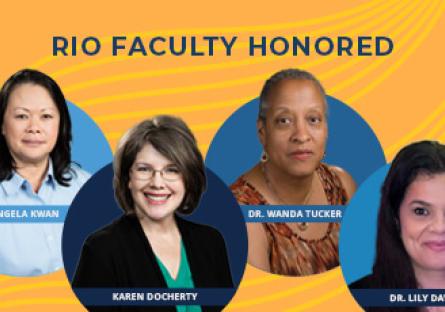 alt text: photos of Angela Kwan, Karen Docherty, Wanda Tucker, Lily Davidov. Text: Rio Faculty Honored