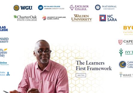 The Learners First Framework. Logos of 17 colleges surrounding a middle aged black man smiling with mobile device.