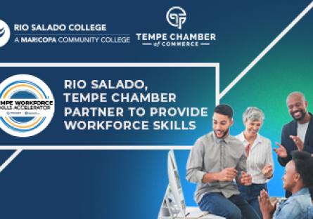 group of people collaborating with text: Rio Salado, Tempe Chamber partner to provide workforce skills. Rio Salado College logo and Tempe Chamber of Commerce logo