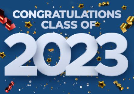 Festive party streamers and text: Congratulations Class of 2023