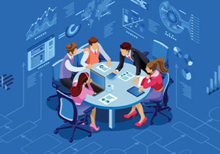 graphic of group of people collaborating, with brainstorm ideas floating in the background