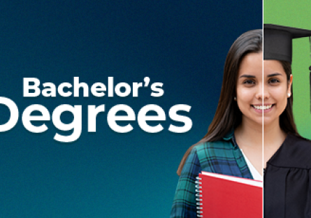 woman holding a textbook on her right half and wearing a graduation cap and gown on her right. Text: Bachelor's Degrees