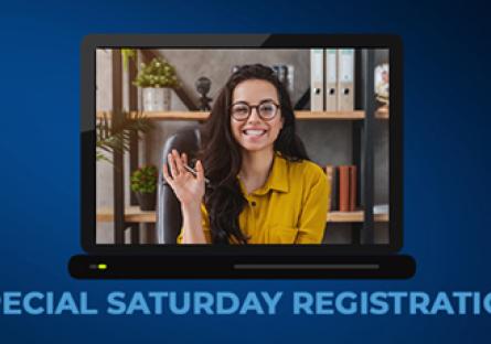 girl waving in a virtual meeting. Text: Special Saturday Registration