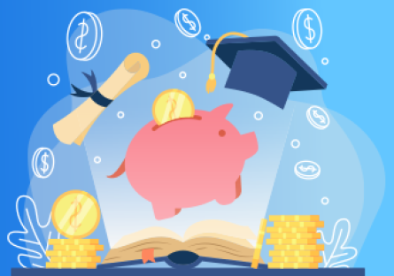 A piggybank, graduate cap, and diplomas overlaid on a blue backdrop